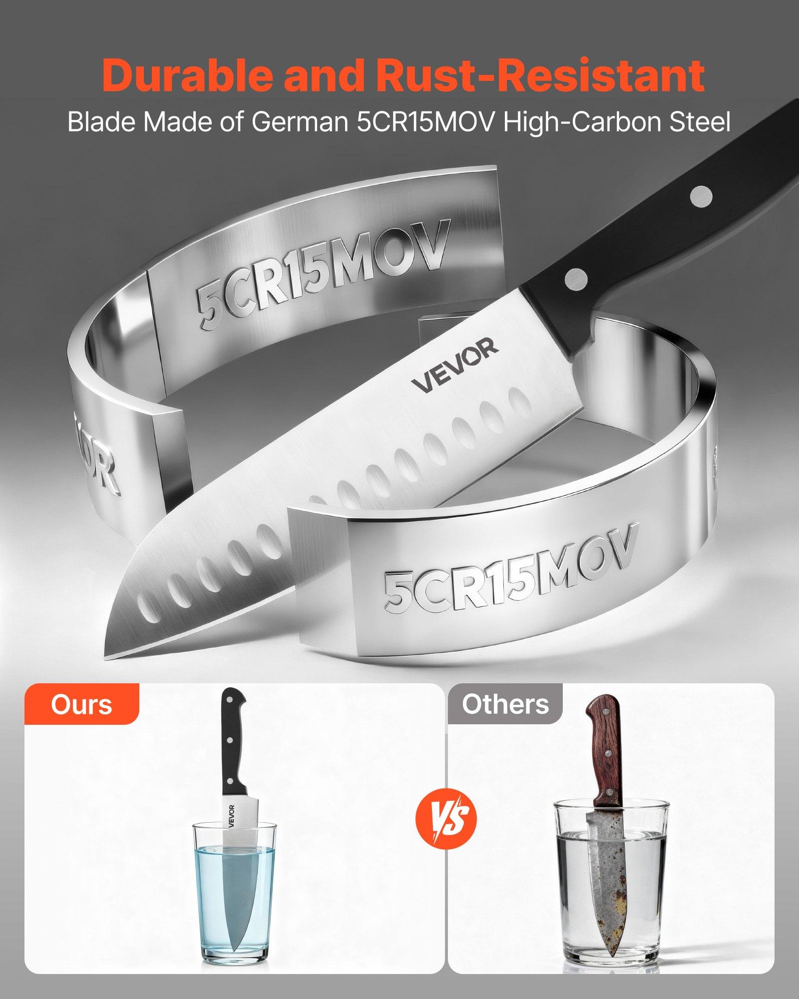 VEVOR Kitchen Knife Set with Block and Sharpener, 15 Piece German High Carbon Stainless Steel Knife Set, Kitchen Cutlery with ABS Ergonomic Handle, Sharpening Rod and Wooden Block, for Home Cooks VEVOR Kitchen Knife Set with Block and Sharpener, 15 Piece German High Carbon Stainless Steel Knife Set, Kitchen Cutlery with ABS Ergonomic Handle, Sharpening Rod and Wooden Block, for Home Cooks