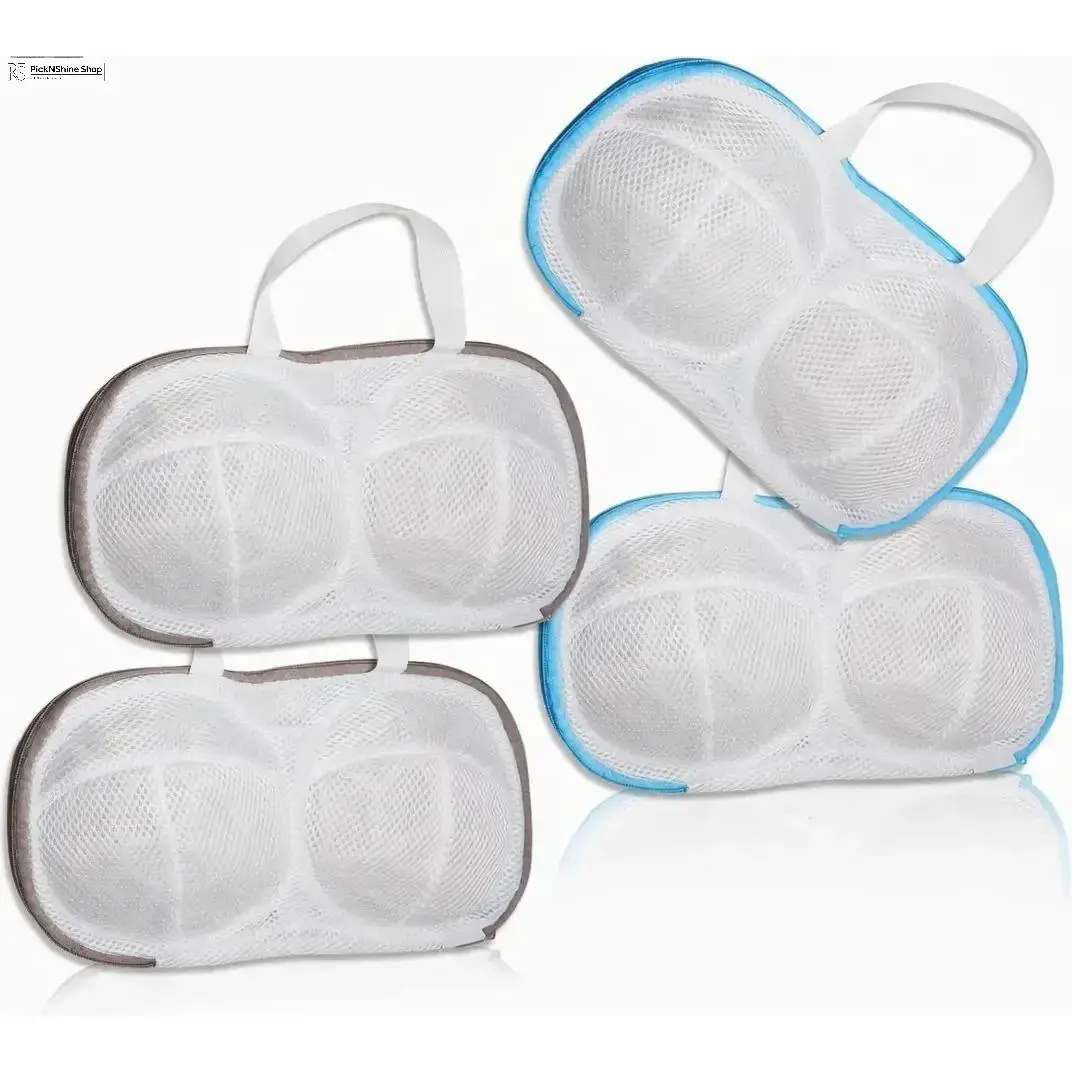 4-Pack Bra Washing Bag for Laundry, Mesh Bra Laundry Protector with Structured Cup Design, Zipper Lingerie Wash Bag for Washing Machine, Reusable Underwear Organizer for Bras, Delicates and Travel Storage