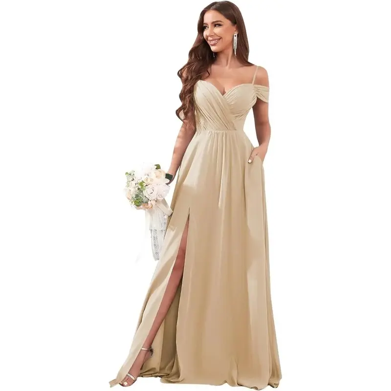 (New) CHENGDEFA Women's Off-Shoulder Fitted Chiffon Bridesmaid Dress - Long Slit, Ruched, With Pockets, Formal Wear, Comfortable Sports & Outdoor Workout Top, Formal Elegant Dress, Formal Dresses For Women