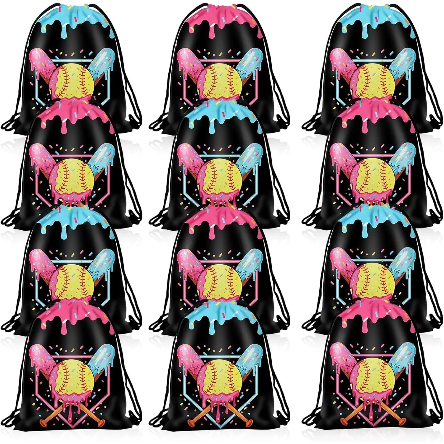 12 Pcs Ice Cream Drip Softball Drawstring Bags 13.4"x10.6" Sport Party Favor Bag Softball Goodie Candy Treat Sackpack Gifts Bag for Teams Birthday Theme Party Supplies