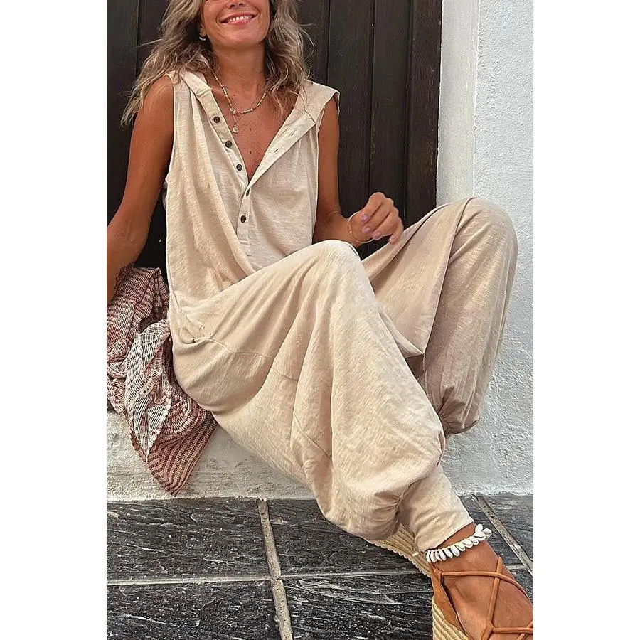 Women Texture Print Sleeveless Henley Collar Jumpsuit Half Button V Neck Loose Baggy Harem Pant Lightweight Casual Vacation Printed Romper
