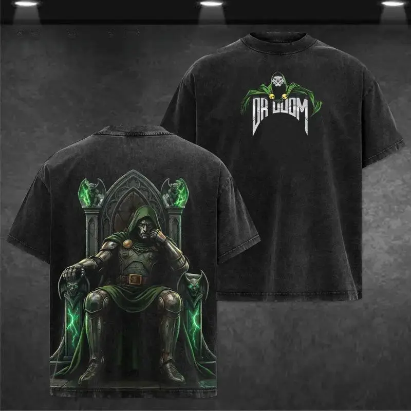 Dr Doom Double Sided Graphic Tee Vintage Washed Oversized Streetwear Heavy Cotton Unisex Casual Top Perfect Gift For Supervillain Comic Fans And Grunge Style Lovers