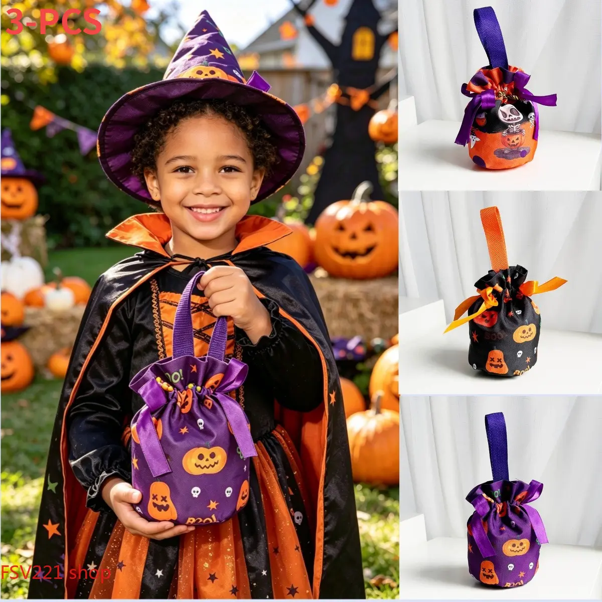 3/1PCS Halloween Drawstring Candy Bags, Pumpkin & Bat Print Treat Pouches for Trick-or-Treating Fun Halloween Party Gift Bags—Reusable Drawstring Bags for Kids' Candy campingessentials