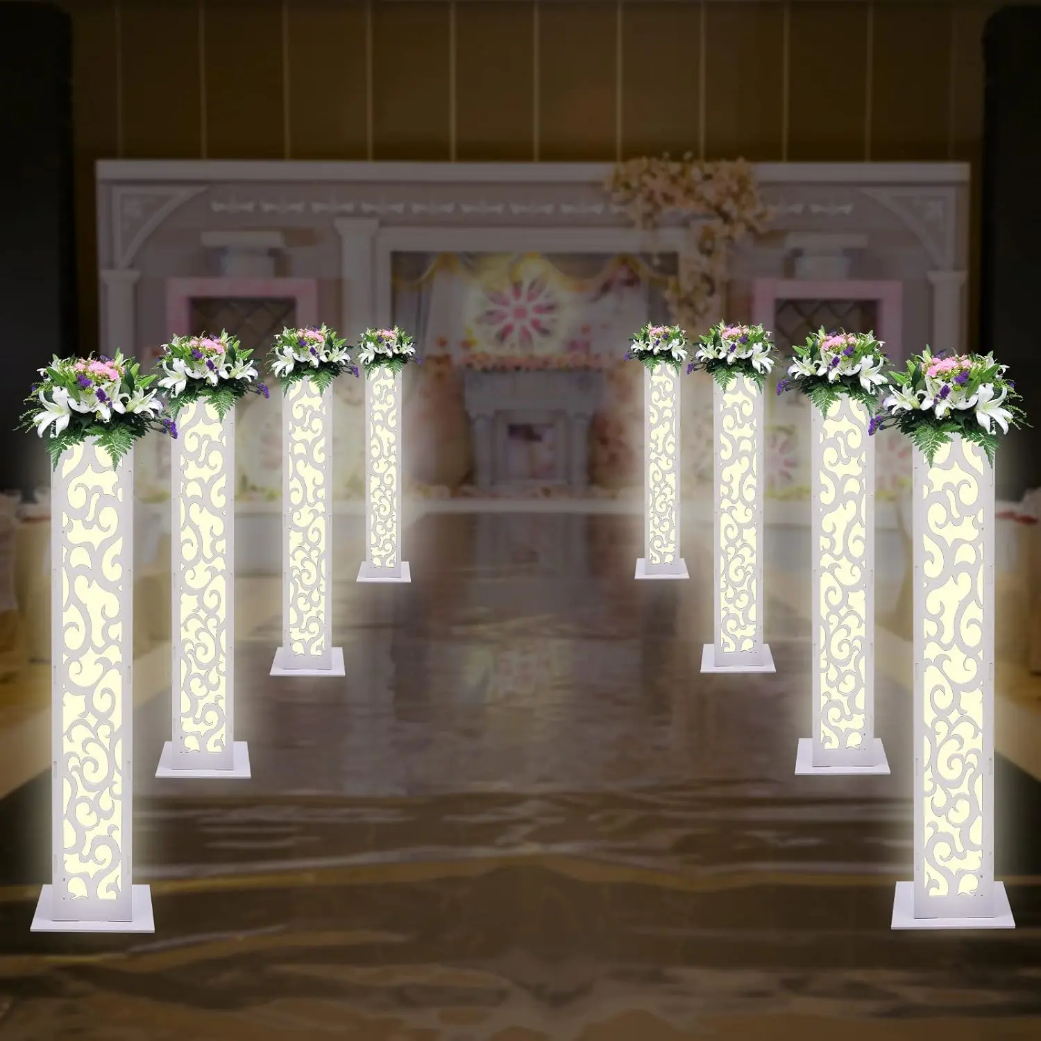 8PCS Wedding Flower Column with 3-Color LED Lights, 47 Inch White PVC Carved Pillars Decoration Flower Stand Roman Wedding Columns for Wedding Party Christmas Birthday Home Decoration Ornaments