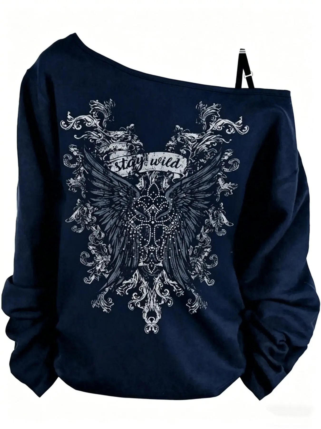 Gothic Vintage Y2K Style Women's T-Shirt, Asymmetrical Shoulder Design, Loose Fit, Summer Knit Top, Back Wing Print, Dark Luxurious Look