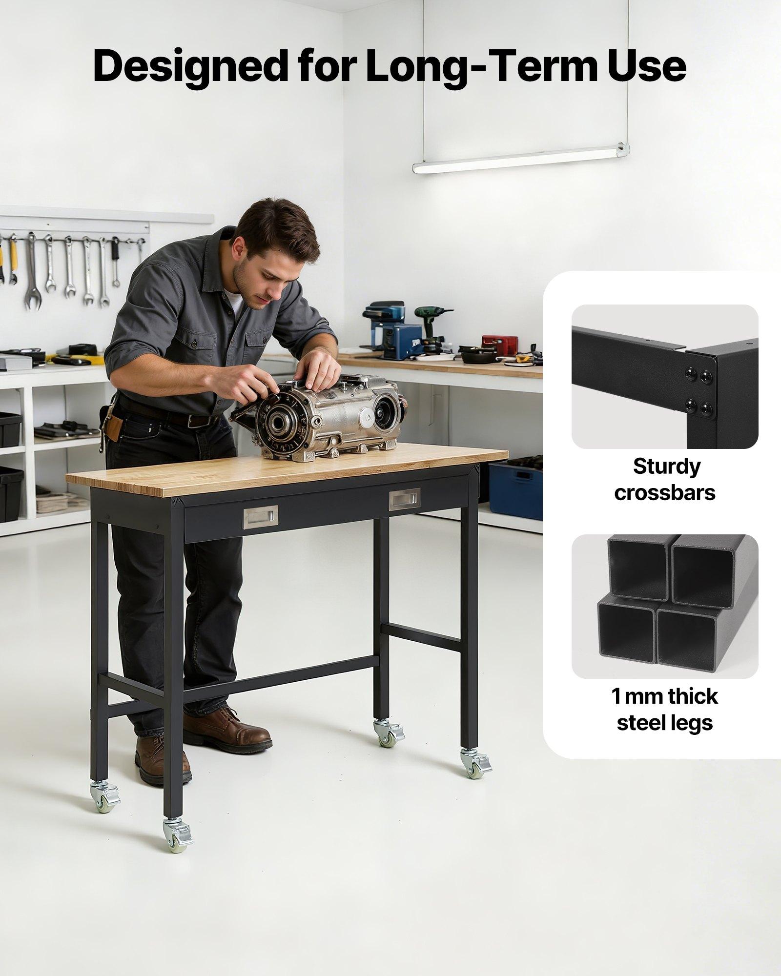 VEVOR 48-inch Workbench, 1500 lbs Load Capacity, Garage Workbench with Drawer Storage & Wheels, Workshop Bench on Wheels, Heavy Duty Oak Wood Top Work Table for Garage, Workshop, Office, and Home VEVOR 48-inch Workbench, 1500 lbs Load Capacity, Garage Workbench with Drawer Storage & Wheels, Workshop Bench on Wheels, Heavy Duty Oak Wood Top Work Table for Garage, Workshop, Office, and Home