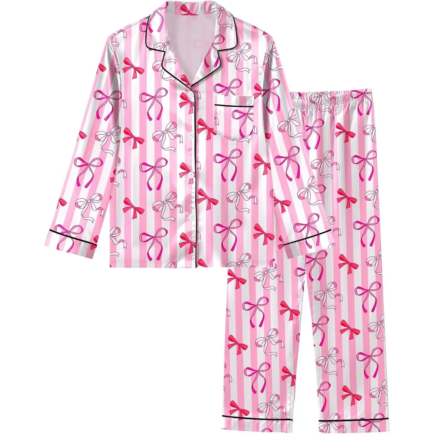 Girls Silk Pajamas Set Satin Sleepwear Long Sleeve Button-Down Nightwear Loungewear for Kids 3-16 YearsGift