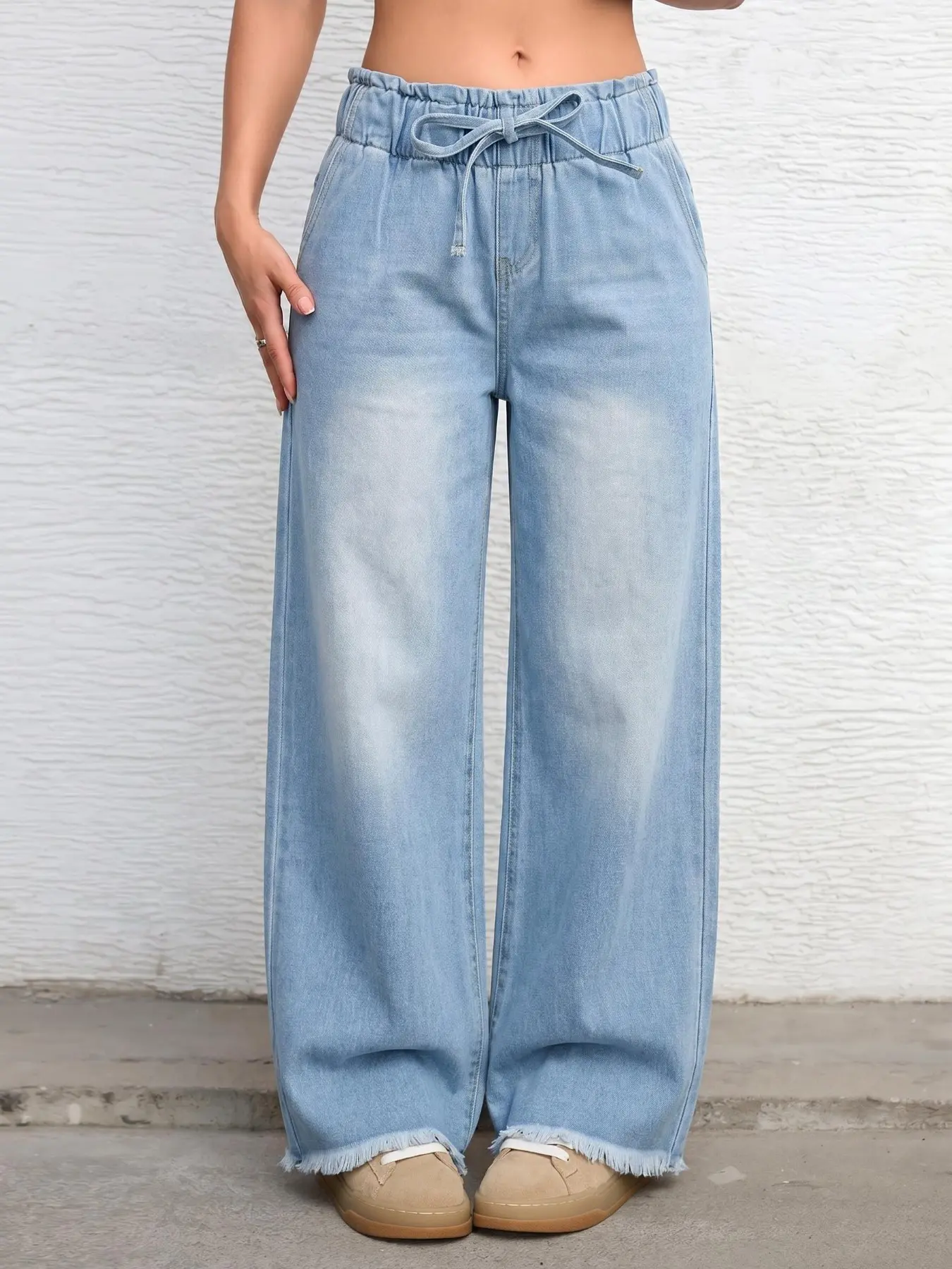 Vintage Light Wash Drawstring Elastic Waist Wide Leg Loose Hem Fringe Women's Casual Jeans, Comfortable and Stylish Long Pants for All Seasons