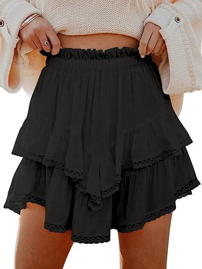 onlypuff Flowy Shorts for Women Ruffle Skirts Mini Skirts High Waisted Teen Gilrs Tennis Skirt Summer Shorts  Flowy Shorts for Women Casual Boho Ruffle Tiered Skorts High Waist Mini Skirts Golf Tennis Butterfly Crochet Shorts - All Hot Pink XL