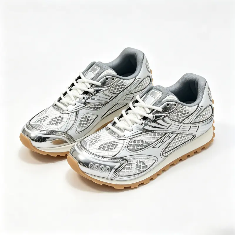 Retro Metallic Silver Unisex Sneakers, Breathable Mesh Upper Casual Running Shoes, Non-Slip Gum Rubber Sole Vintage Athletic Trainers for Daily Walking