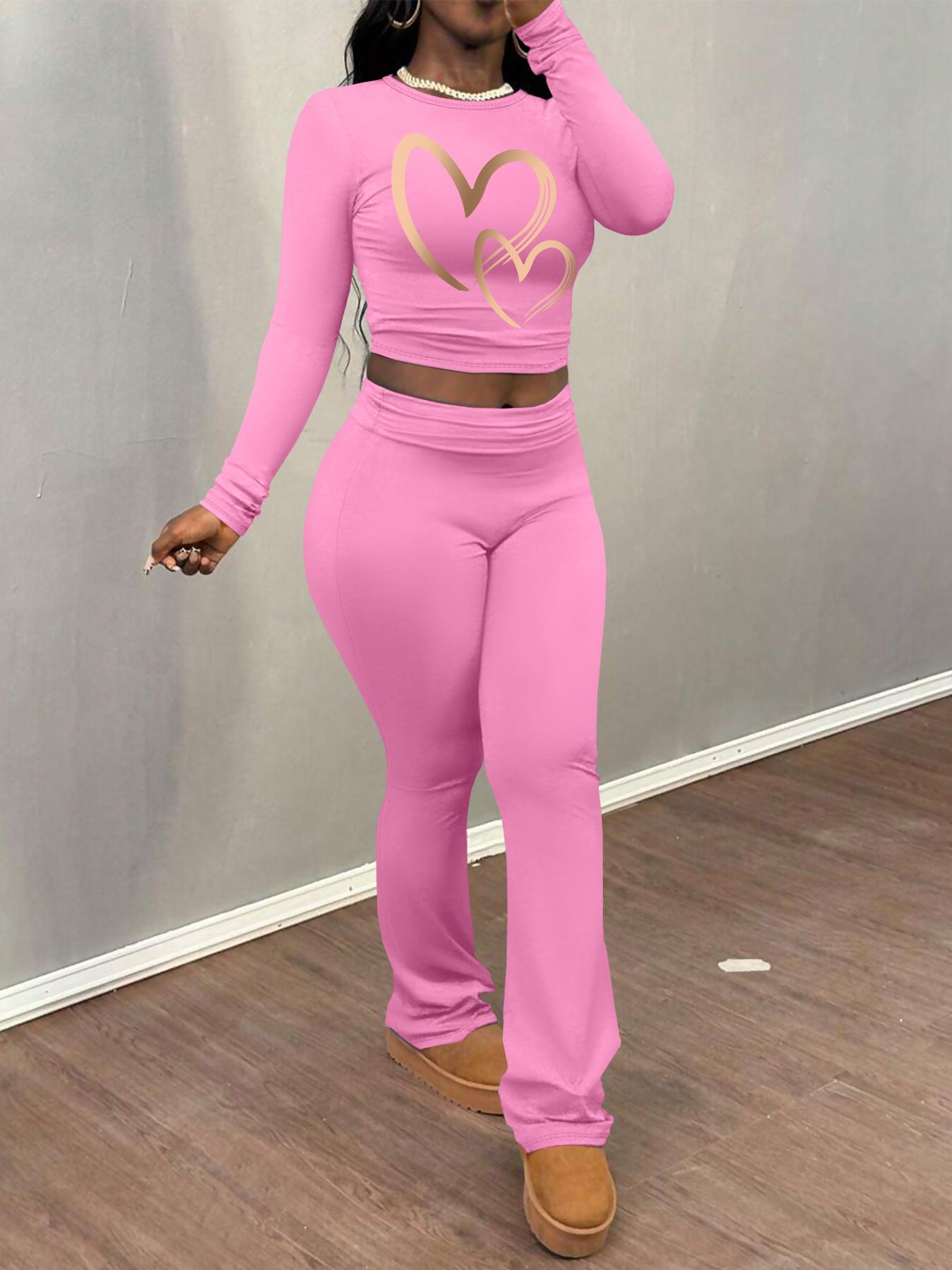 Women's Heart Print Long Sleeve Crop Tee & Flare Leg Pants Two-piece Set, Casual Fashion Round Neck Top & Bell Bottom Trousers for Daily Outdoor Wear, Women's Clothing for Fall & Winter
