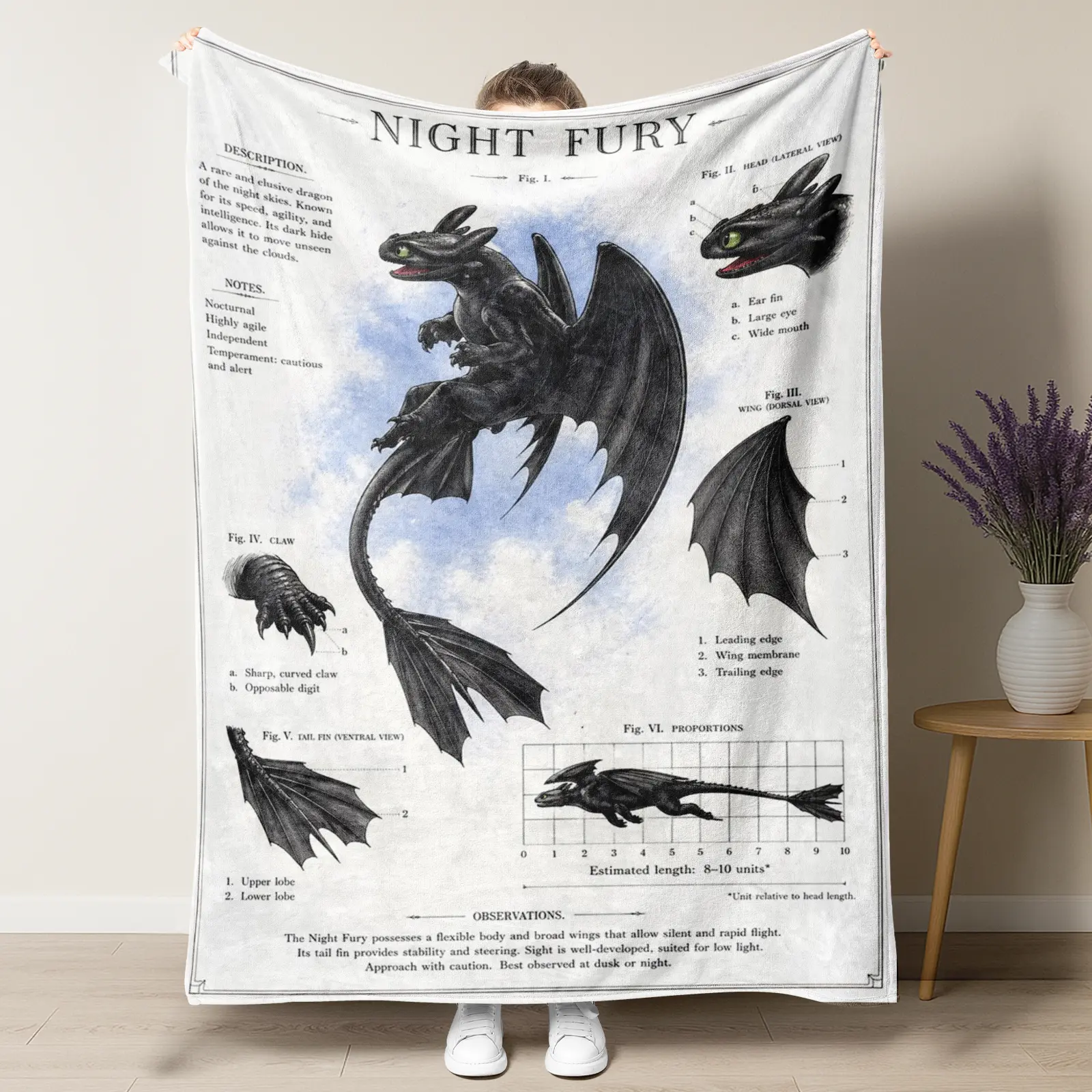 Night Fury Anatomy Throw Blanket, Vintage Toothless Dragon Scientific Diagram Fleece Blanket, How to Train Your Dragon Home Decor, Dragon Sketchbook Fleece Throw for Kids & Adults