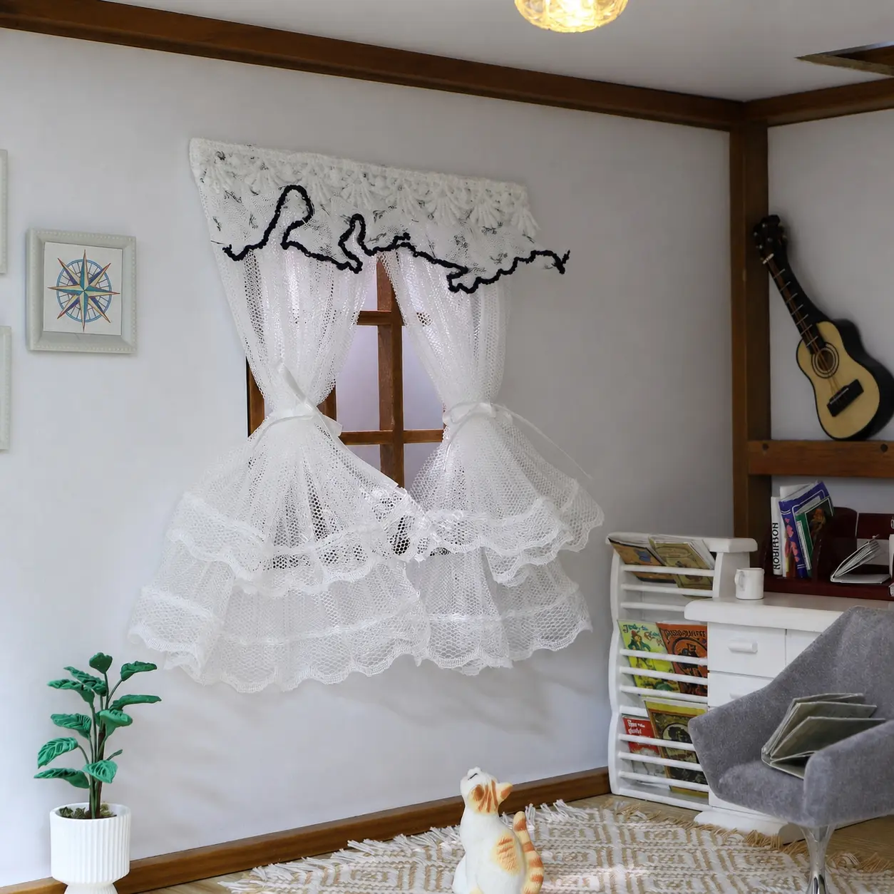 1:12 Miniature Dollhouse Lace Tulle Curtains, 2-Panel Tieback Window Curtain Set with Floral Valance for Bedroom and Living Room Decor