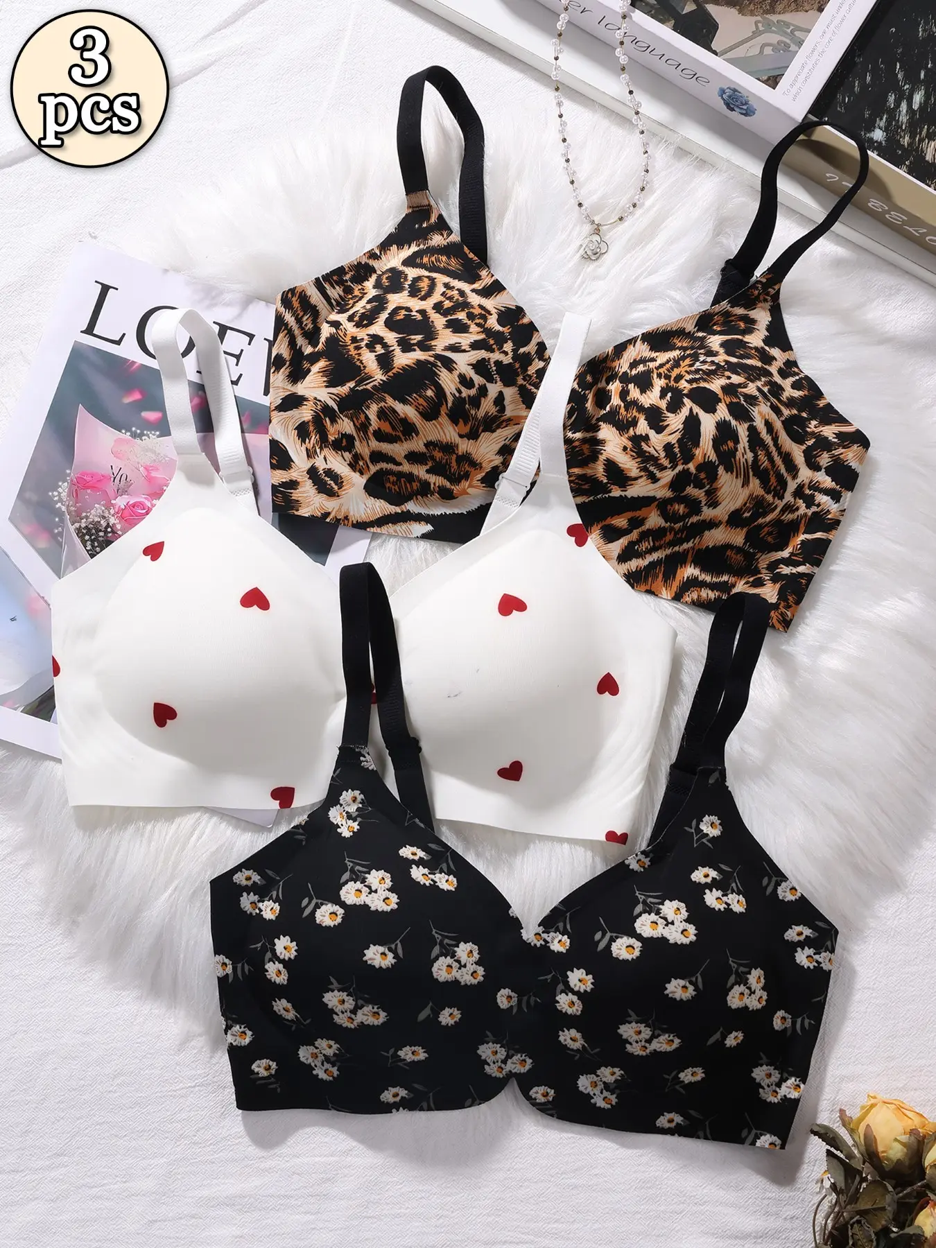 Curated Designer Floral Print Jelly Bra Pack, 3 Pack Wireless Seamless Adjustable Straps, Unique Ditsy & Graphic Prints Fashion Lingerie Underwear