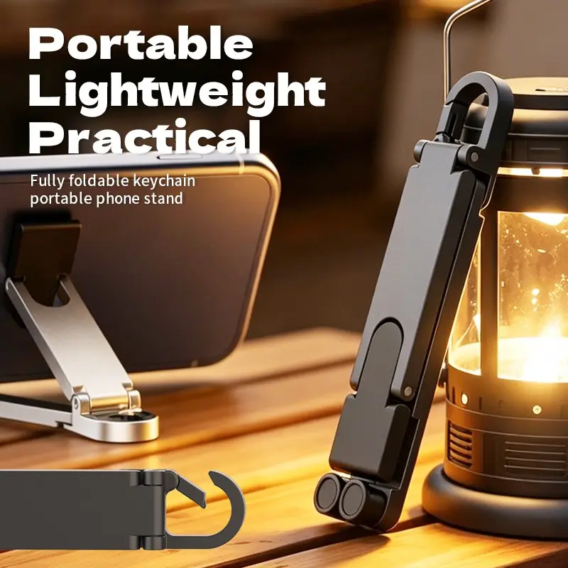 Multi-Functional Desktop Phone Stand, Phone Mount, Adjustable Foldable iPhone iPad Holder, Compact Portable Keychain Hook, Durable Triangle Design