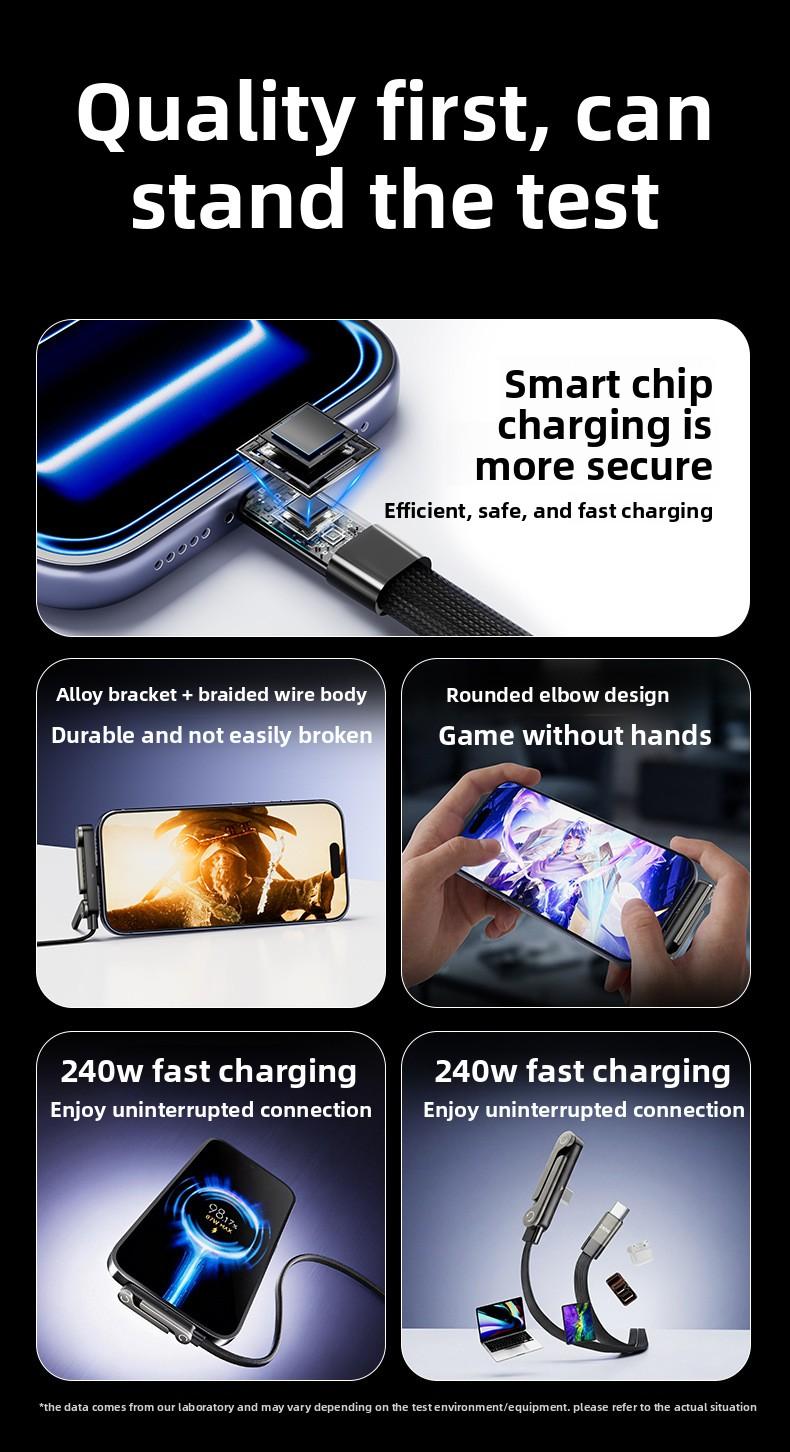 Creative Party gifts Zinc Alloy Bracket Data Cable Suitable for Apple and Samsung Dual Type-C Fast Charging CableInvisible Stand Type-C Charger Cable, 240W Super Fast Charging 2-in-1 Charging Cord & Phone Holder for Gaming, Office, Car Travel – Black