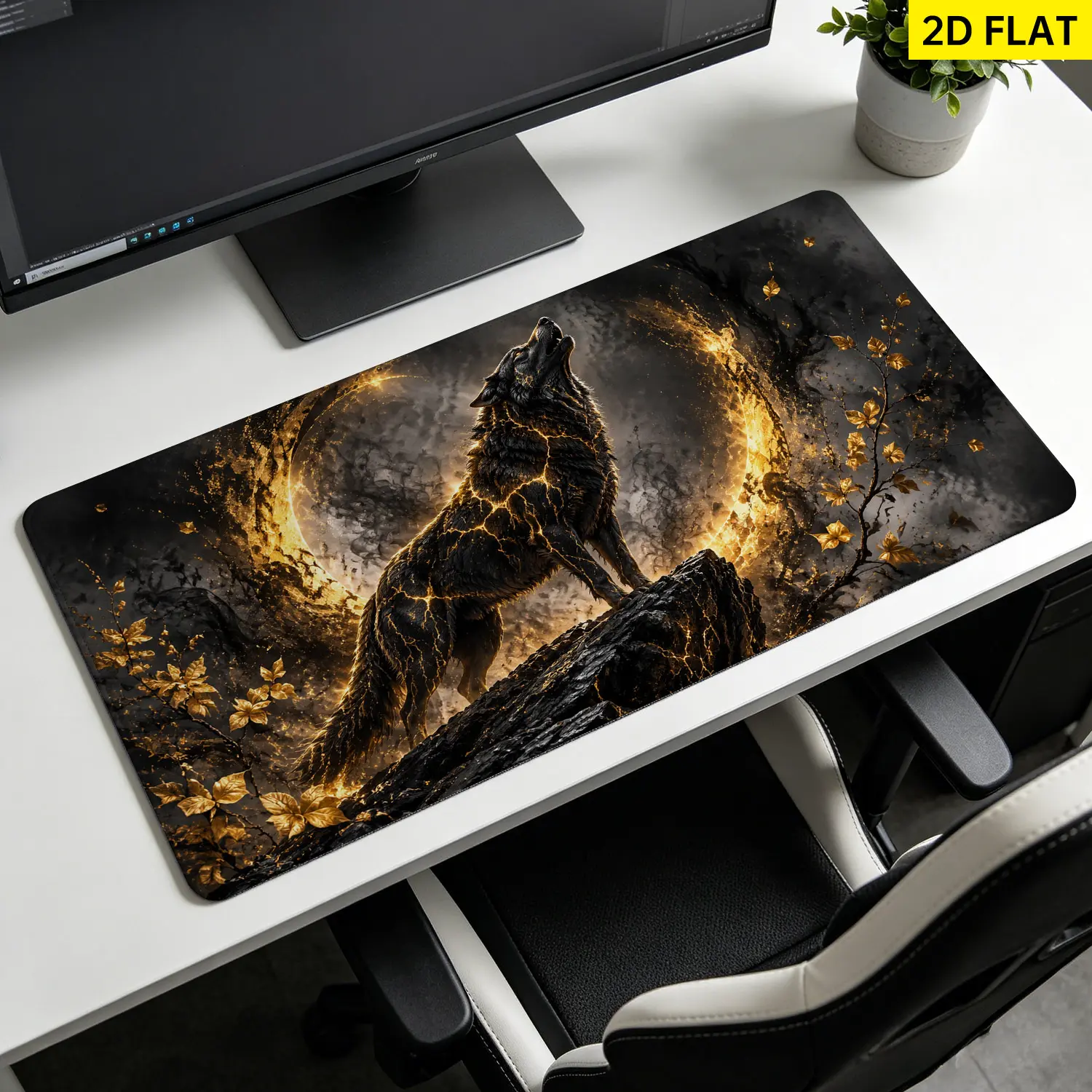 Extra Large golden wolf howling in galaxy Mouse Pad,Non Slip Rubber Pad,Desktop Decoration Drotection Pad,Washable,Lock Edge Multi Size,Premium Multipurpose Mousepad For Office,Gaming Desk,Gift for Family and Friends