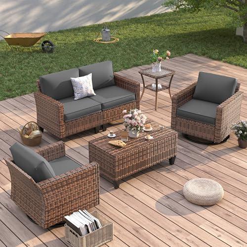 UDPATIO Modern Outdoor Wicker Sofa Set, fire pittable Rattan Wicker Outdoor Sectional Set with Rocking Swivel Chairs, Wicker Rattan Outdoor Sofa Set with Storage Table and Waterproof Covers for Backyard, Deck, Porch