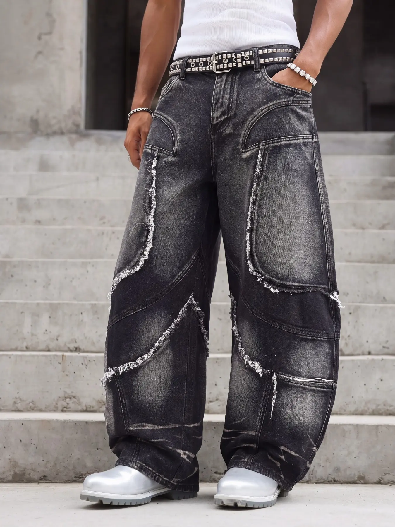 All-season men's vintage washed banana jeans, black loose wide-leg silhouette, versatile streetwear trousers, ideal for street walks, music festivals and party outfits