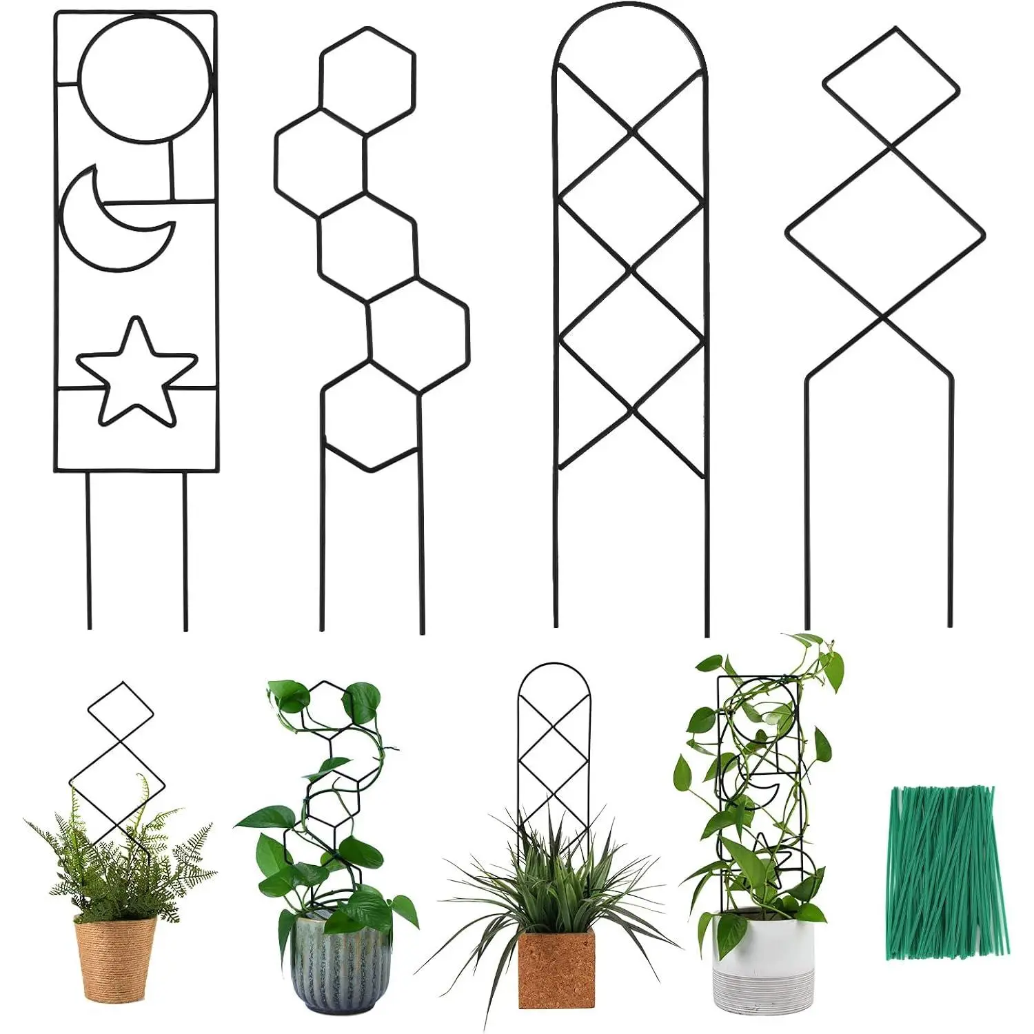 16inch Small Indoor  Trellis for Climbing  Outdoor | 4PK Black Garden Metal Trellis for Potted  with Different Patterns for Vine Ivy Flower  Support