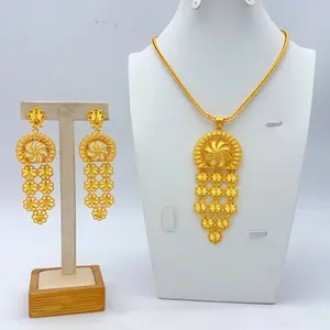 18K Gold Plated Large Sunflower Filigree Fringe Tassel Jewelry Set, Snake Chain Statement Necklace Matching Drop Earrings, Luxury Dubai African Arabic Bridal Gold Jewelry For Wedding Eid Party Ceremony