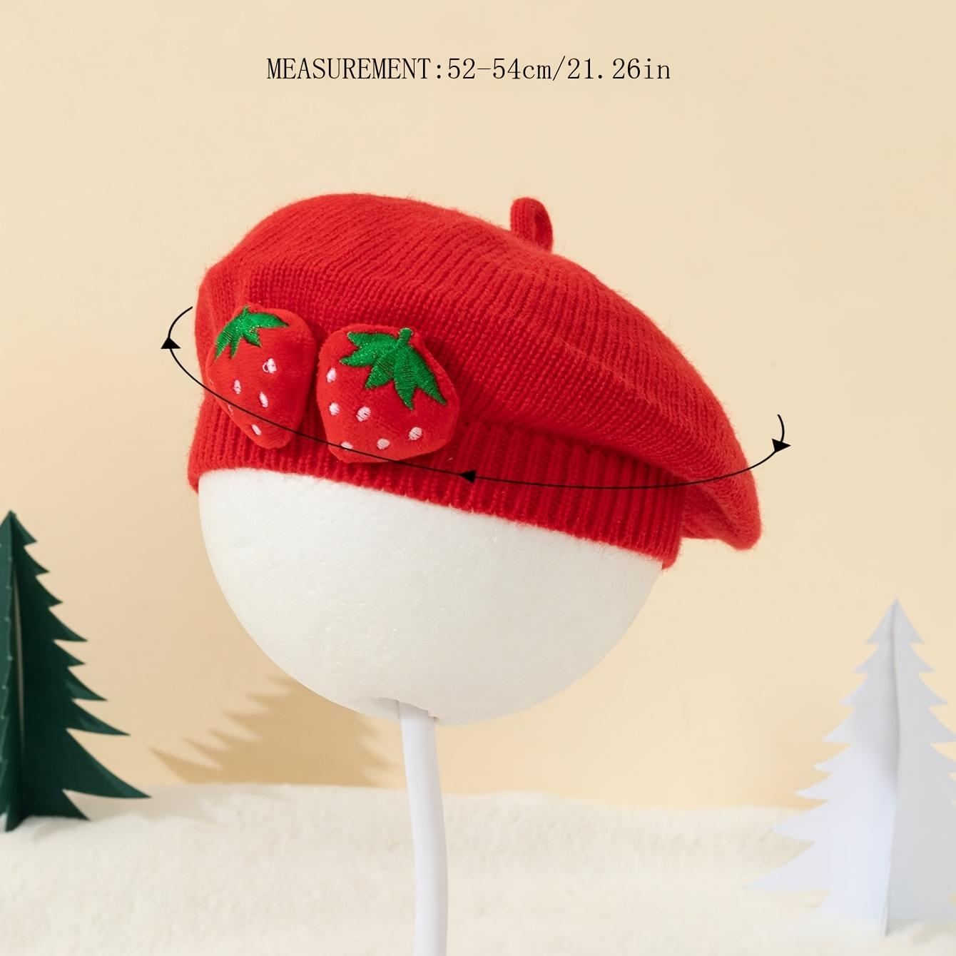 Girls' Strawberry Knit Beret Hat - Stretchy Lightweight Winter Hat with Red Strawberries, Soft Pastel Colors (Pink, Yellow, Green, Blue, Purple) - Christmas, Thanksgiving, New Year Party Outfit - for Ages 3- - Easy-Care Kids' Formal & Everyday Winter Acce