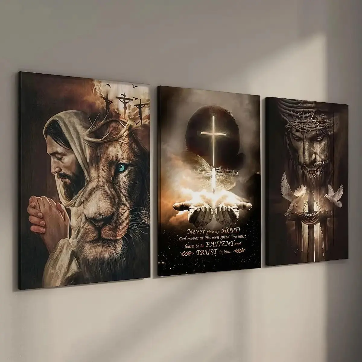 3-Piece Canvas Decor Painting Jesus Judas Lion, Glowing Cross Triptych, Dark Realism Christian Art, Living Room Wall Decor, Unframed Gift
