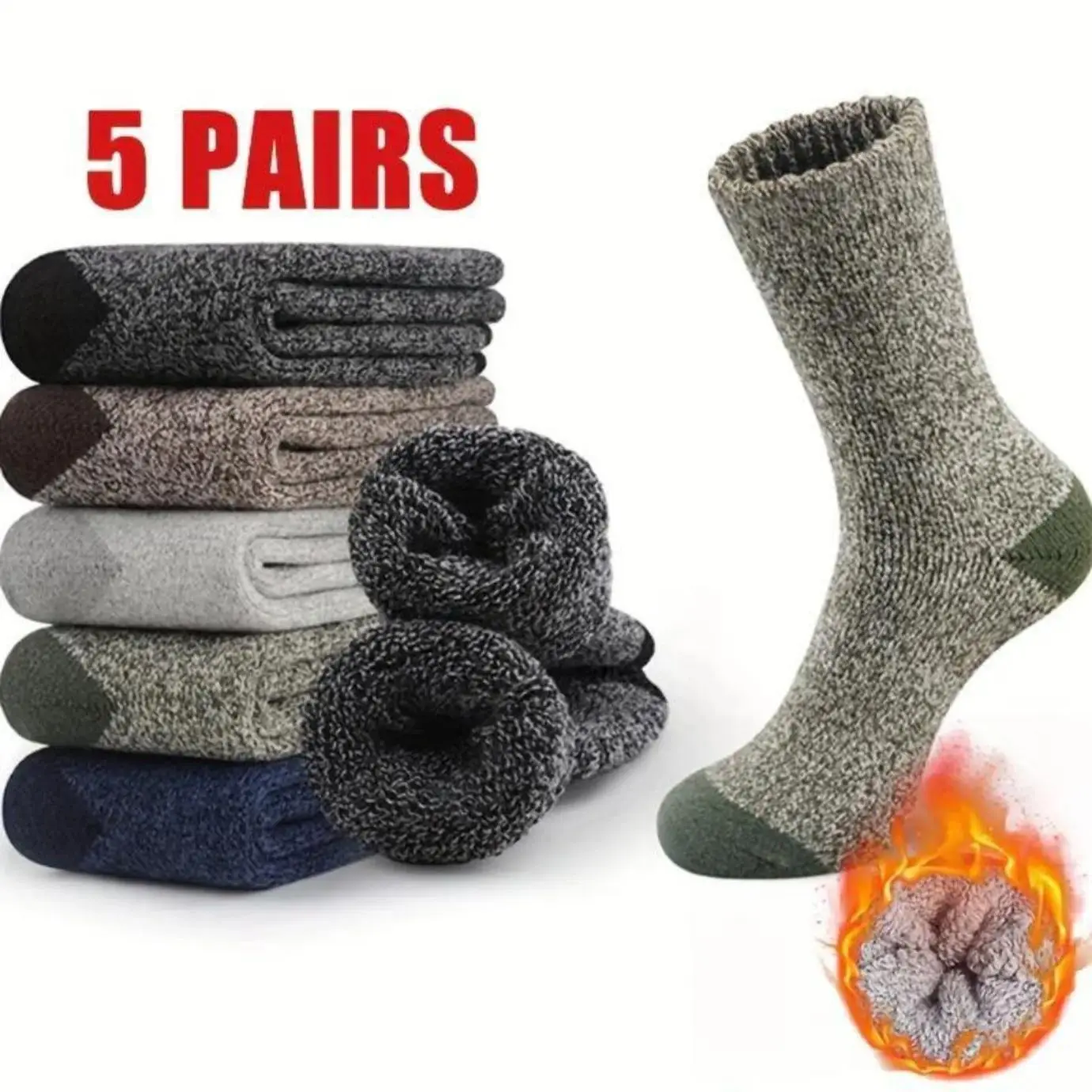 Men's 5-Pair Assorted Color Thick Warm Winter Cartoon Casual Polyester Elastic Blended Knitted Crew-Length Mid-Calf Socks, Machine Washable Basic Bulk Socks for Cold Weather Menswear, Assorted Mid-Calf Socks