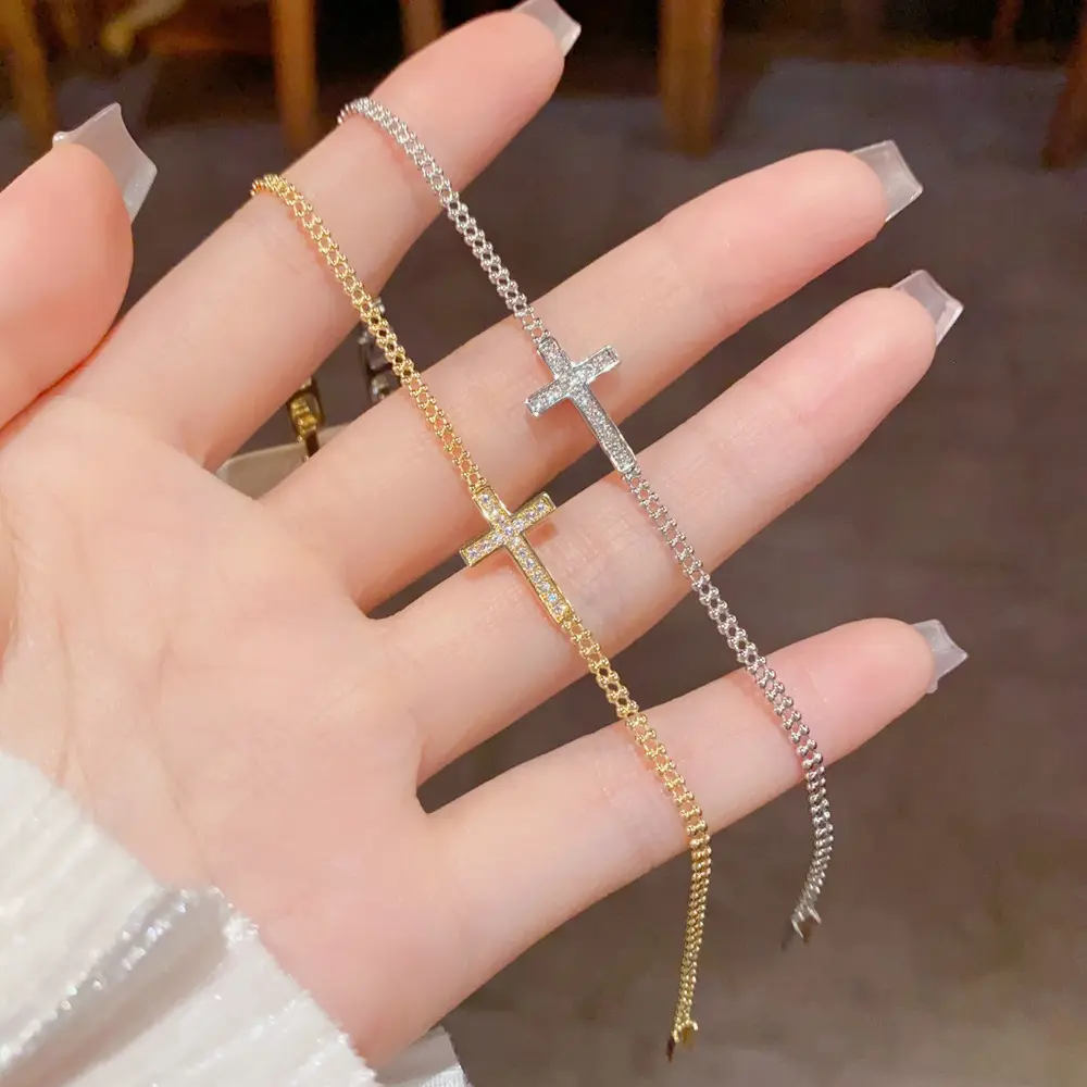 Women's Sideways Cross Bracelet, Sparkly Paved Rhinestones, Dainty Gold-Silver Chain, Christian Faith Costume Jewelry for Everyday Wear, Minimalist Stacking Gift, Bracelets