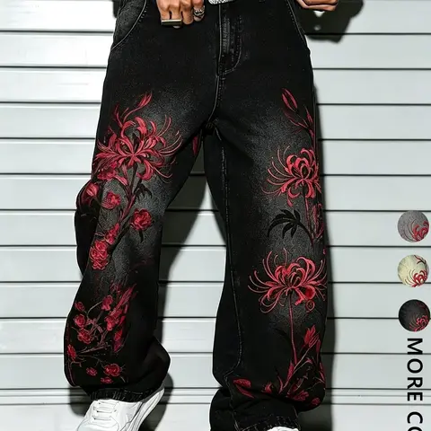 Unisex Multi-Color Double-Sided Spider Lily Print Loose Wide Leg Jeans, Dark Streetwear Relaxed Fit Denim Pants