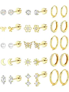 15pairs 14K Gold Plated Flat Back Earrings - Hypoallergenic Surgical Stainless Steel Stud Hoop Earrings for Women Girls Cute Stud Earring Set Small Huggie Hoops Cartilage Earring Stacks Stud Earrings Jewelry Earrings Studs