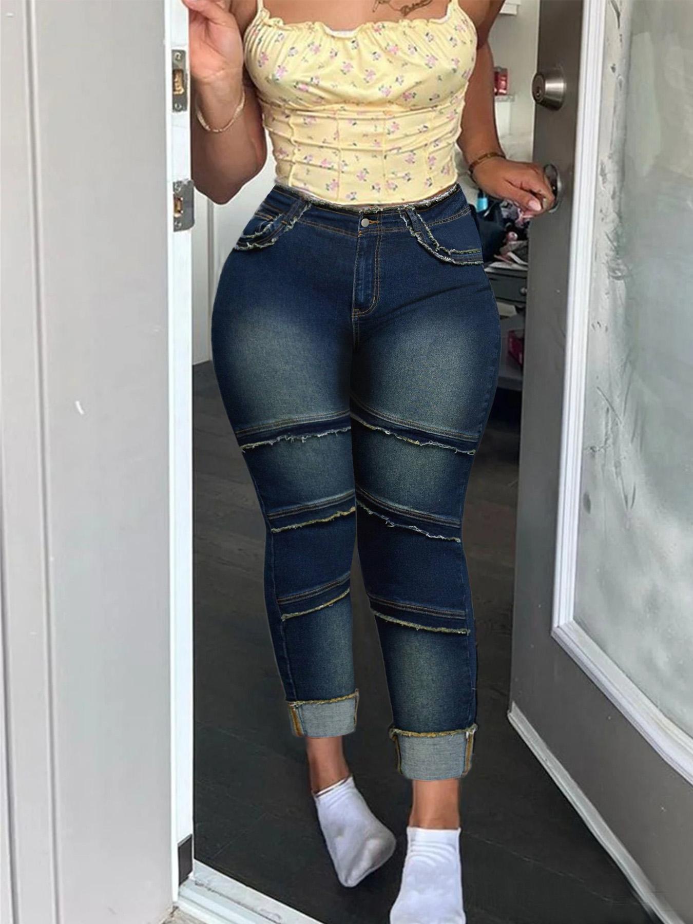 Plus Size Raw Hem High-Waisted Dark Wash Denim Jeans with Pockets, Casual Comfy Slim-fitting Trousers for Daily Wear, Women's Bottoms for Summer
