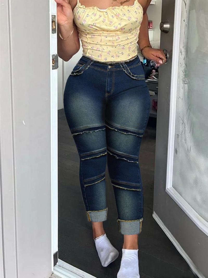 Plus Size Raw Hem High-Waisted Denim Jeans with Pockets, Casual Comfy Slim-fitting Trousers for Daily Wear, Women's Bottoms for Summer