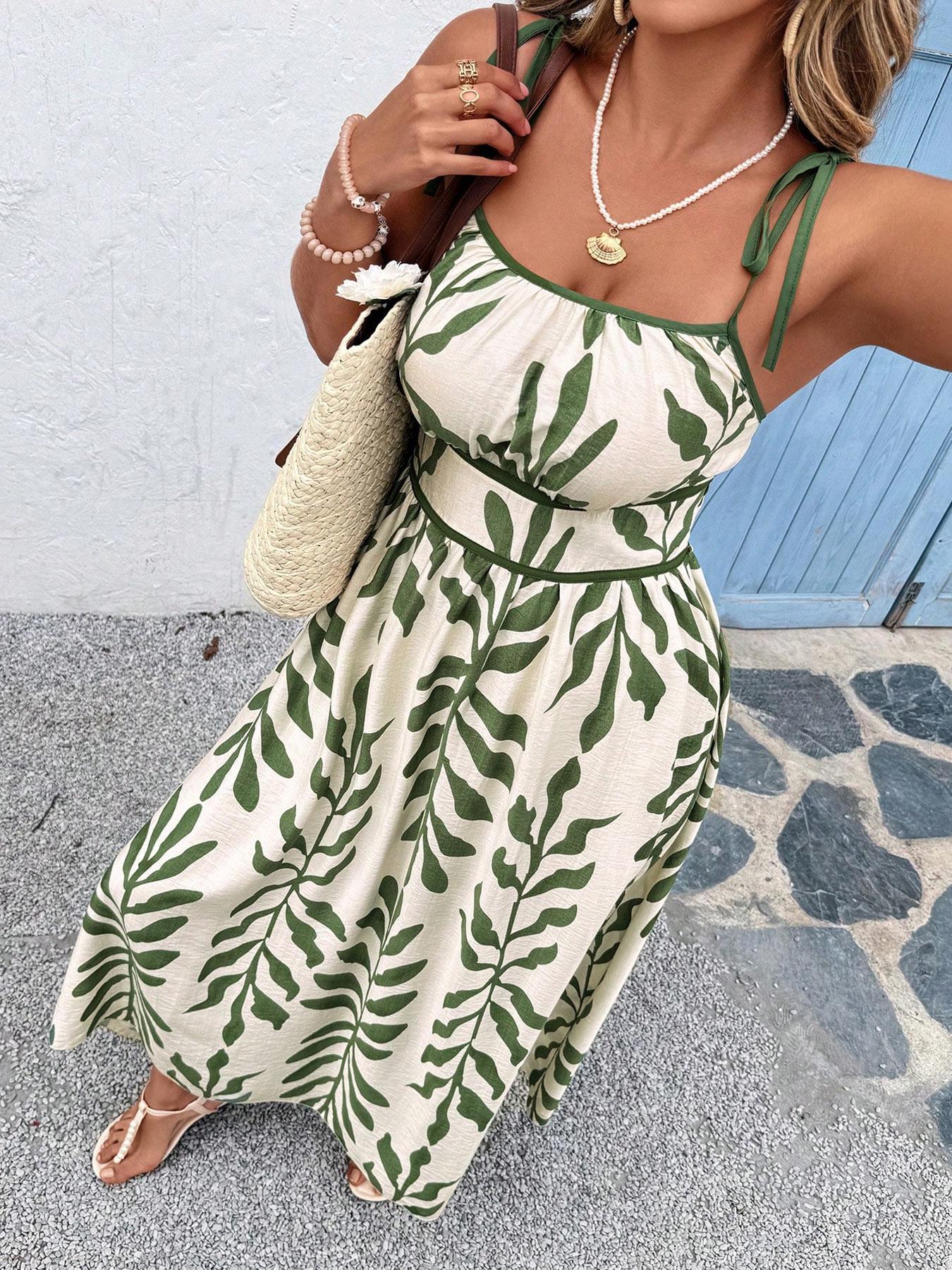 【Plus Size】 Leaf Print Cami Dress, Casual Sleeveless Spaghetti Strap Maxi Dress for Beach Holiday Vacation, Women's Plus Clothing for Summer