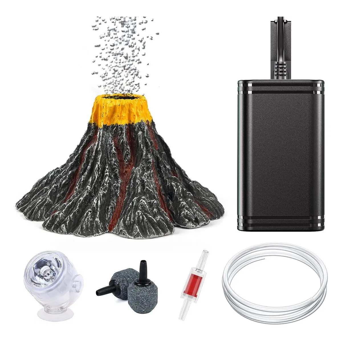 Aquarium Volcano Ornament Kit, Volcanic Eruption Decor with Mini Air Pump, Red LED Spotlight, Air Stone Bubbler, Tubing and Check Valve, Resin, For Landscape Aeration