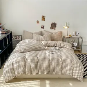 Gingham Duvet Cover Queen Size, Brown Tan Plaid Checkered Comforter Cover, Grid Farmhouse Bedding Set 3 Pcs, Soft Breathable Washed Microfiber Great Gifts for Women Men