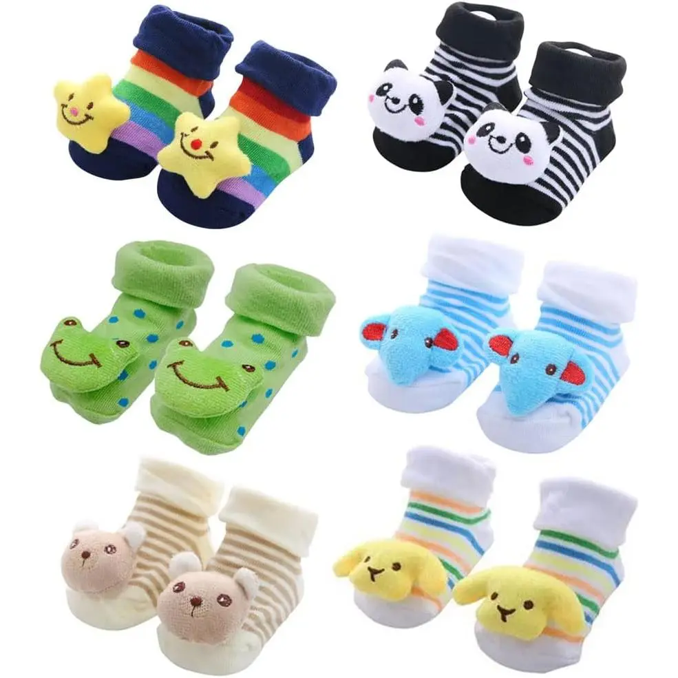 Unisex Baby 3D Cartoon Face Anti-Skid Sole Booties Socks (6 Pairs), Prop 65 Safe Baby Fashion Accessories, Anti-Skid Soles, Cartoon Faces