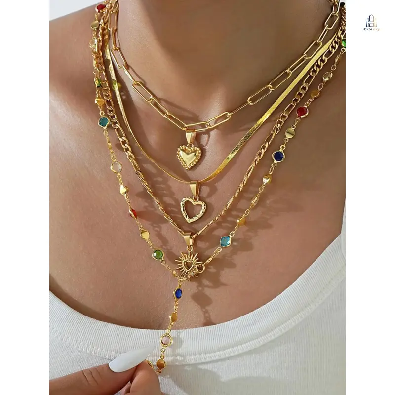 Women's Vintage Multi-Tiered Necklace Set, Alloy Stacking Sets with Snake Chain and Crystal Heart Pendant for Daily & Party Wear, Crystal Hearts
