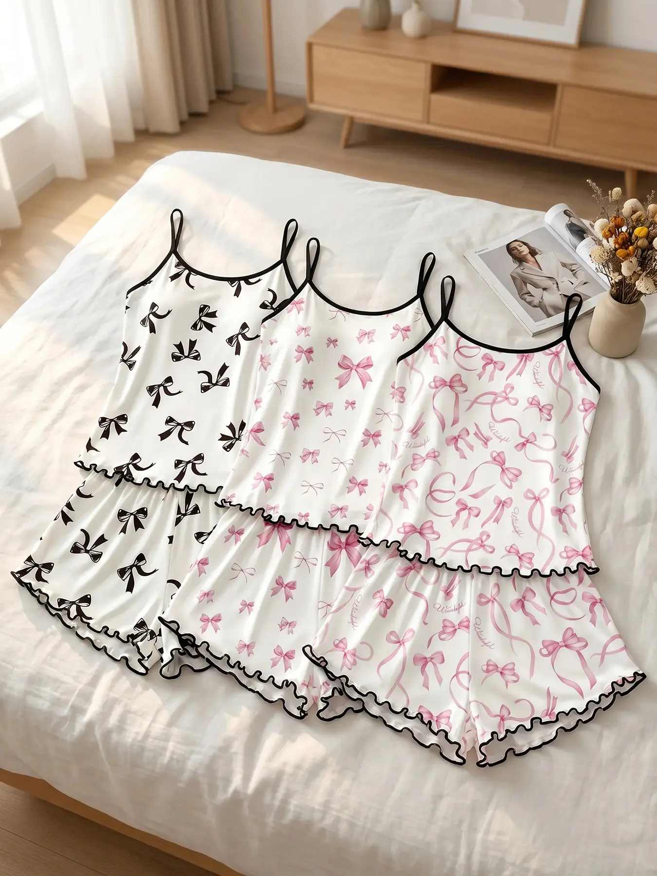 Women 3‑Pack Cami Top And Shorts Pajama Set, Wearable For All Seasons, Romantic assorted bow graphic prints, wavy hem shorts, sweet home outfit for tea parties and soft music leisure‑time