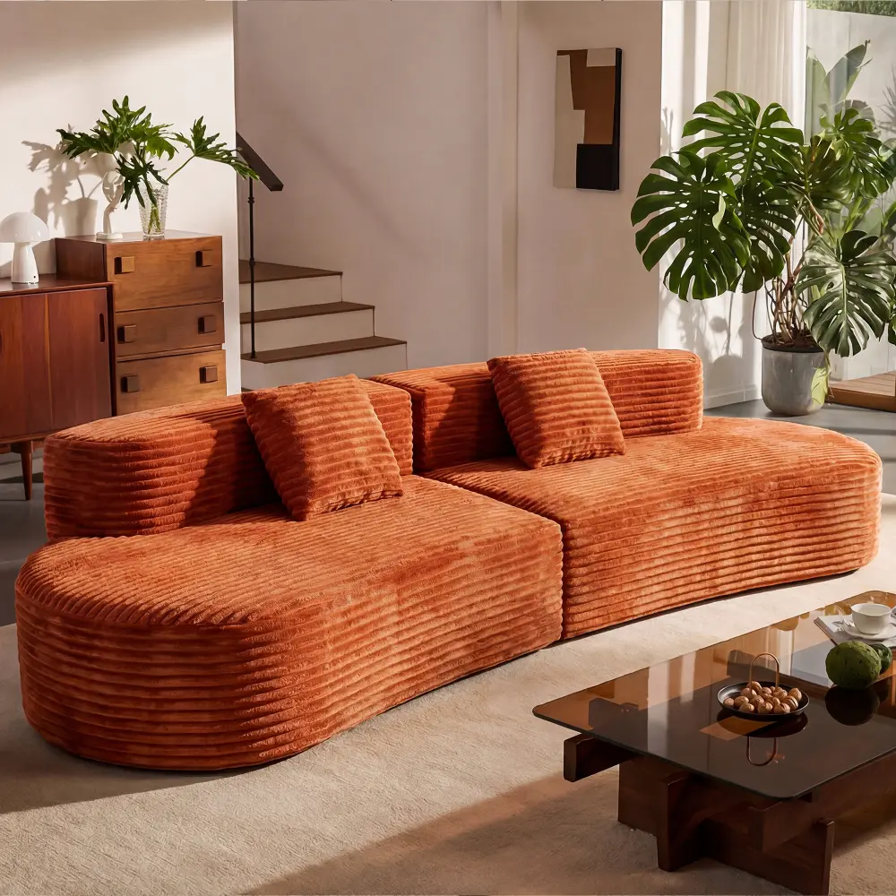 108.6" Curved Modular Sofa, Modern Cloud Couch with Compression Design, Frameless Sectional Sofa with 2 Pillows, Plush Upholstered Lounge Couch for Living Room, Office, Apartment, No Assembly Required