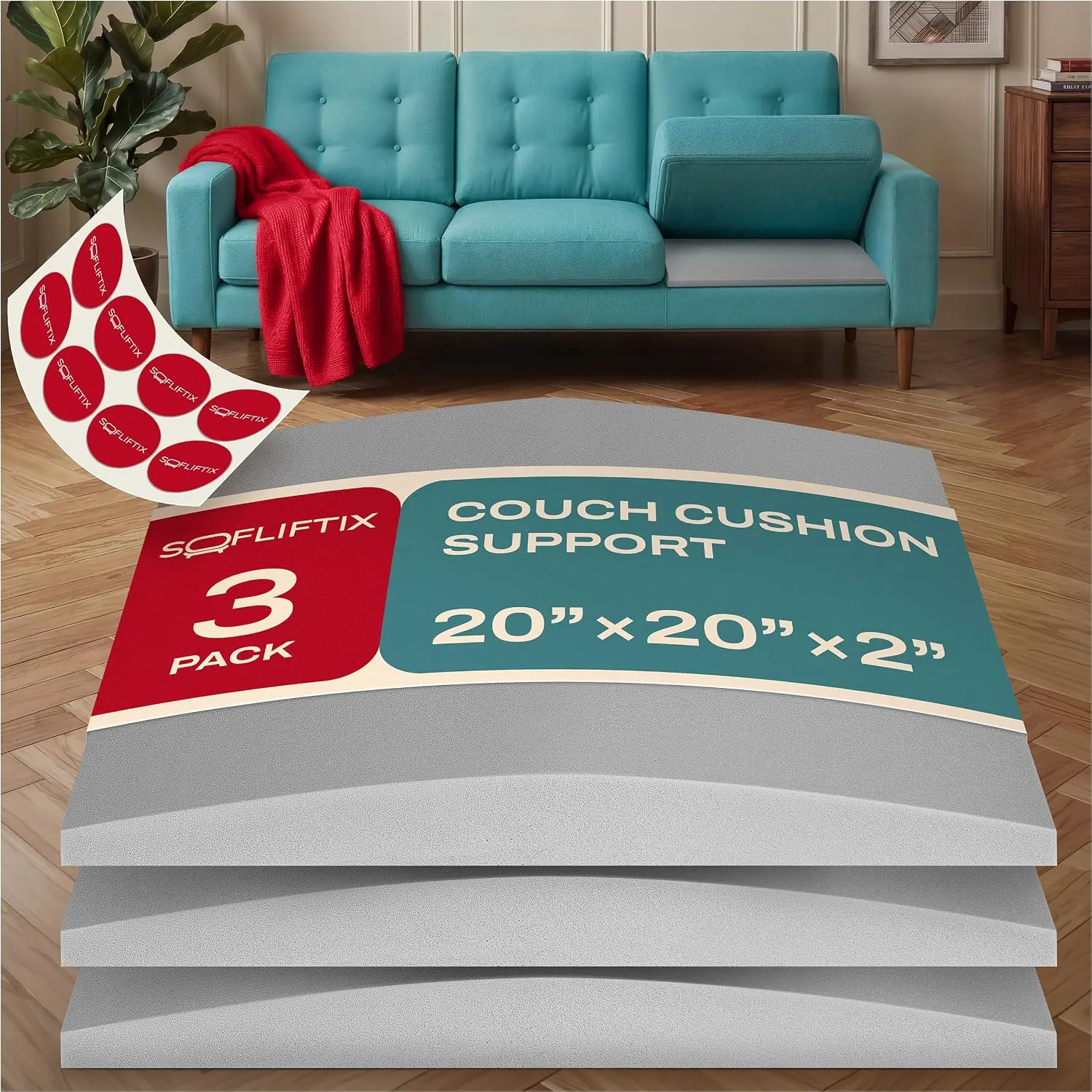 Couch Cushion for Sagging Seat, Couch for Sagging, Sofa Cushion, 3 Pack 20 x 20 x 2 Inch 45D High Density Foam Cushion, Non-Slip Stickers Included, Grey