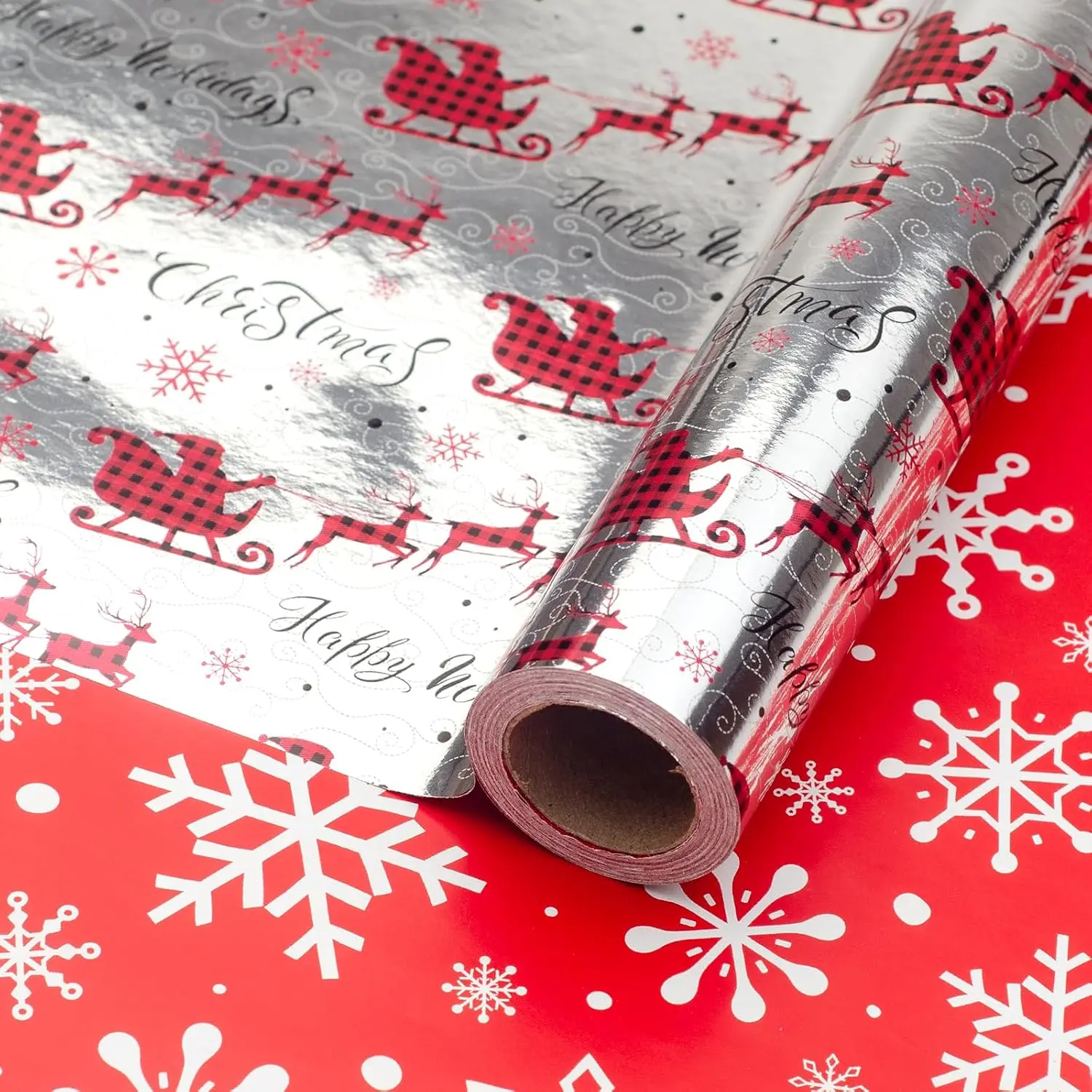 Mini Christmas Wrapping Paper Roll - Reversible Design (17 inches X 32.8 ) - Holiday Sled/Snowflakes with  Metallic Shine for Small/Medium Gifts, Xmas Party