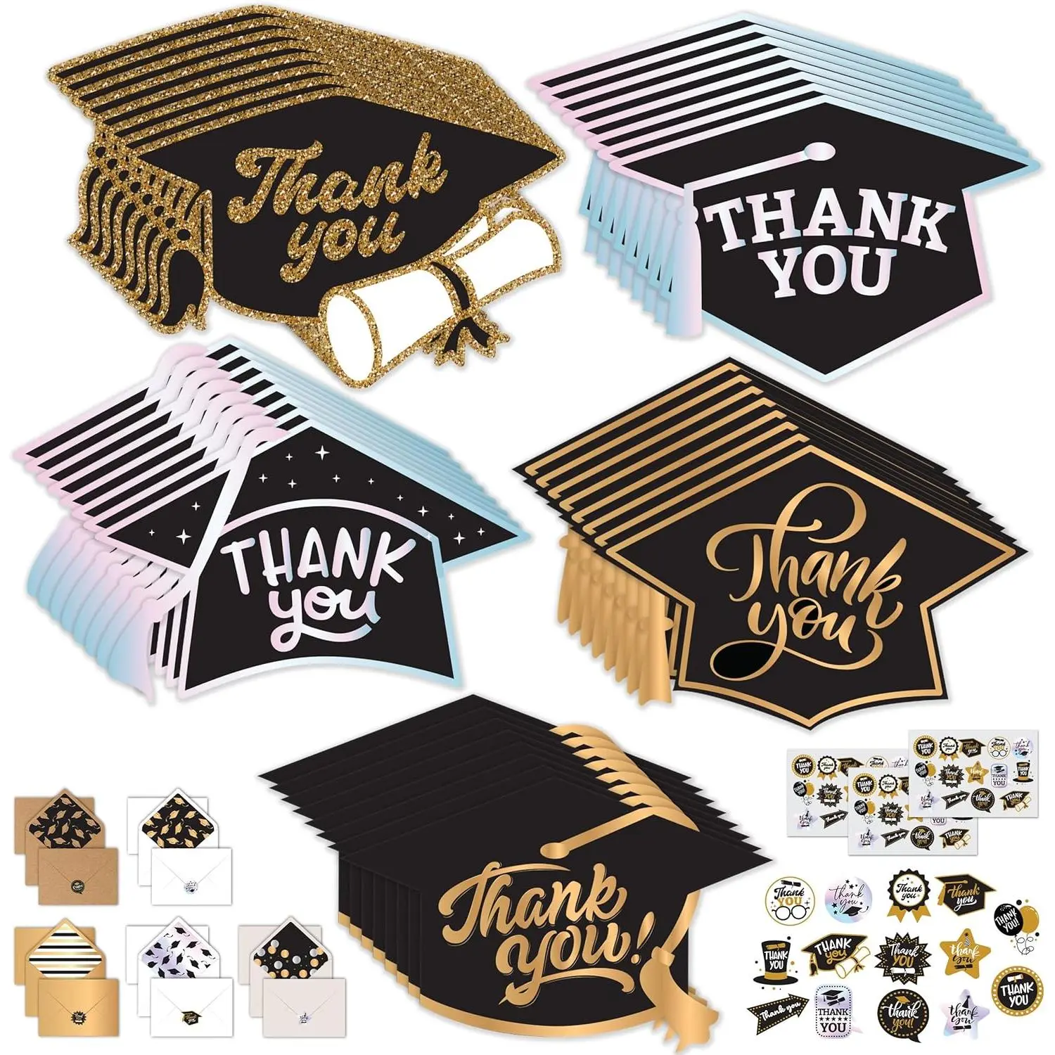 Decorably 40 Pack Postcard-Style Foiled, Glittery, and Holographic 6.5x4.5in Graduation Thank You Cards 2026 with Envelopes and Stickers, 5 Die-Cut Designs Thank You Cards with Envelopes Graduation