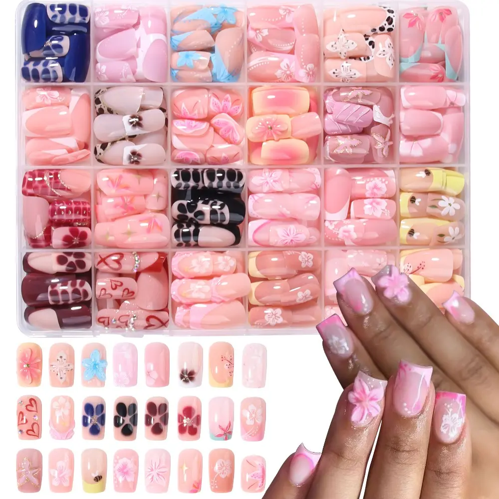576pcs Short Square French Press-On Decorative Nails, 3D Gel Flower Peony Nail Art with Polka-Dot and Leopard Patterns, Acrylic False Nail Set