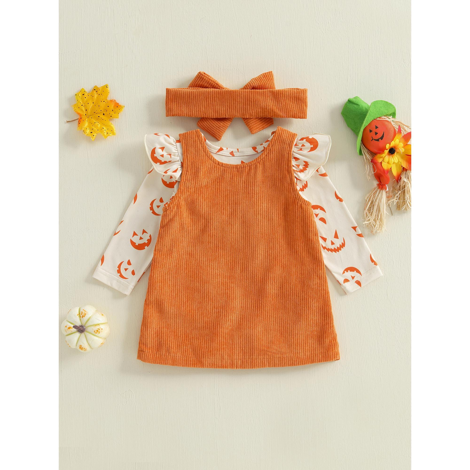 Baby Girls Clothes Set Long Sleeve Halloween Pumpkin Face Print Romper with Letter Embroidery Dress and Headband 3Pcs Outfit Baby Girls Clothes Set Long Sleeve Halloween Pumpkin Face Print Romper with Letter Embroidery Dress and Headband 3Pcs Outfit