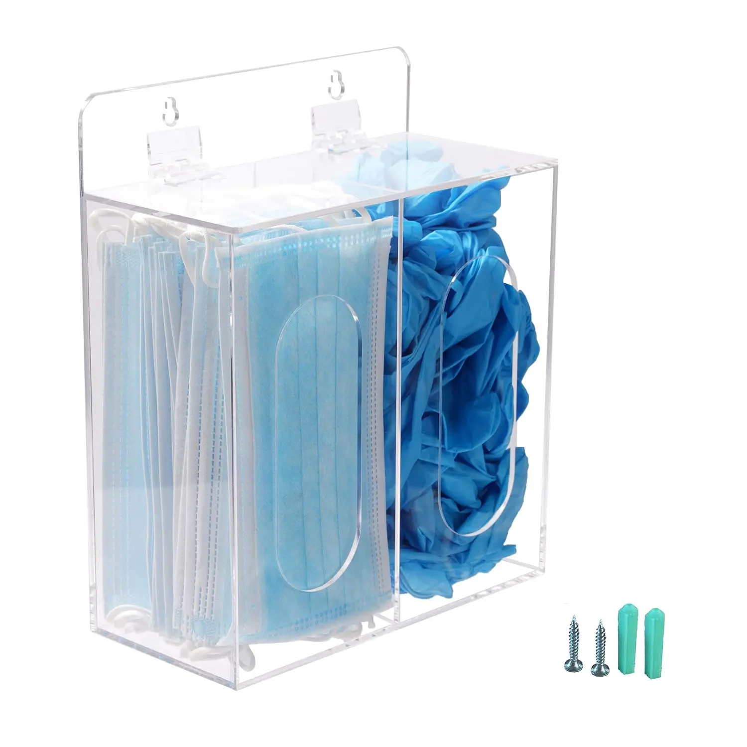 Mask and Gloves Dispenser Holder with Lid, Wall Mount Double Dispenser Hoder for  Mask, Hairnet, Shoe Cover, Bouffant Cap - Can Hang  The Wall and Stand  The Table (Clear)