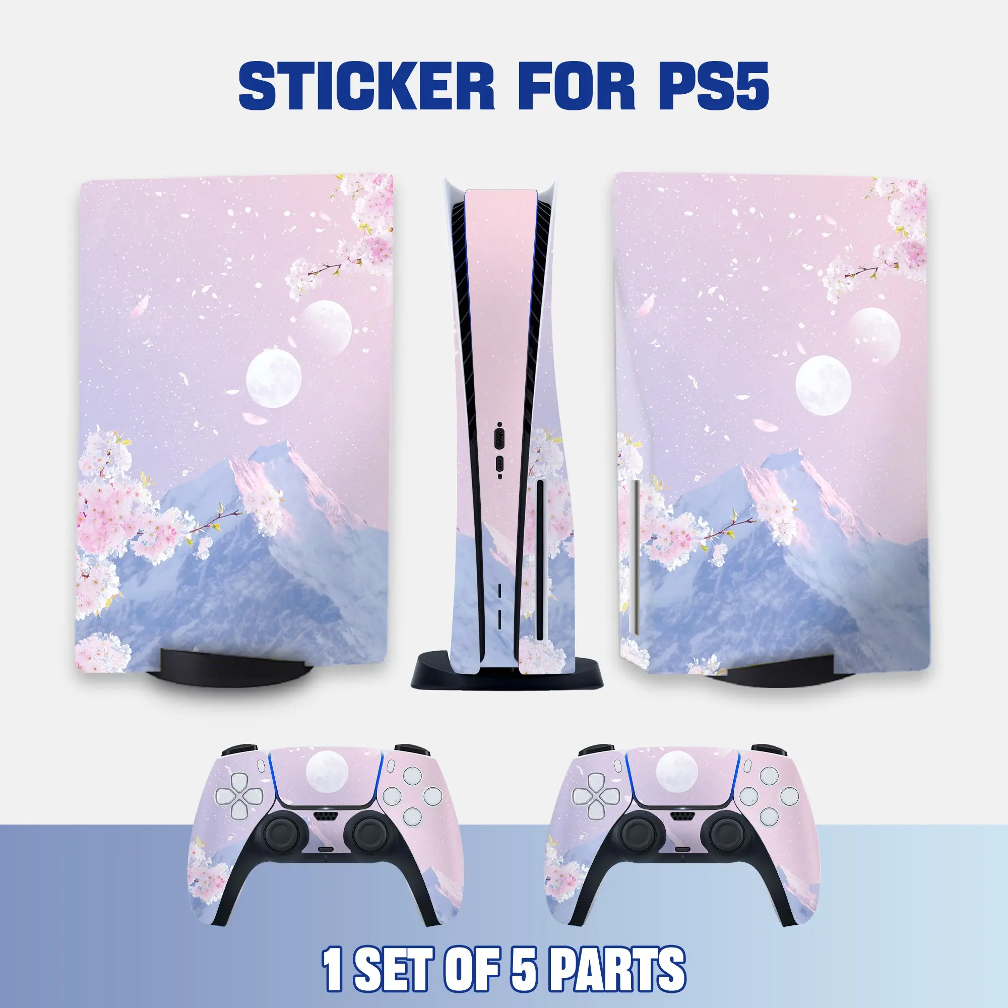 Ps5 CD Drive Console and Controller Stickers, Cherry Blossom Snow Moon Art Vinyl Skin, Waterproof Scratch-Resistant Removable Game Protector