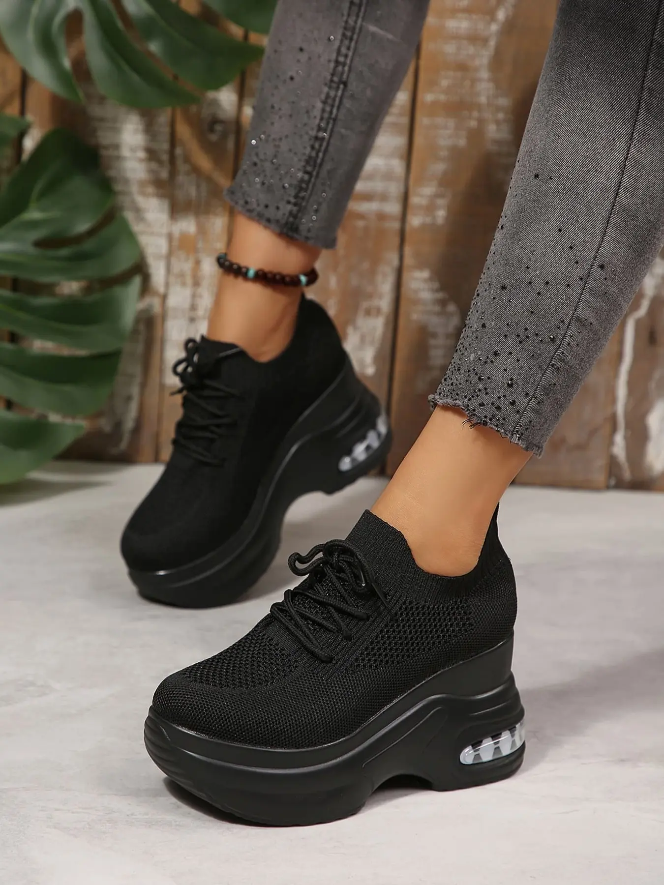 A Pair of Slip On Knit Wedge Sneakers, Lace Up Hollow Mesh Air Cushion Platform Hidden Heel Shoes, Breathable Casual Trainers Height Increasing Footwear for Petite Women Daily Commute, Sightseeing and Long Walking Trips