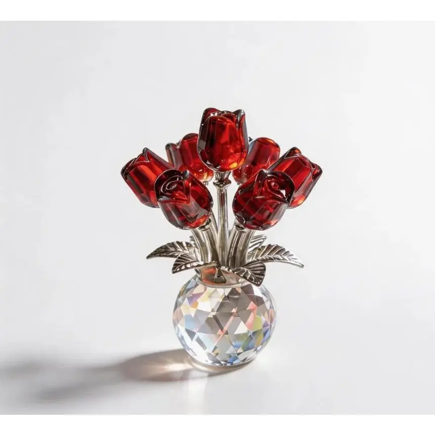 Dainty Small Hand-Sculpted Red Crystal Rose Bouquet with Vase - Decorative Feminine 1-Piece Floral Room Decor, Romantic Valentine's Day Gift for Her, Eternal Love Home Supply, Flower Figurine