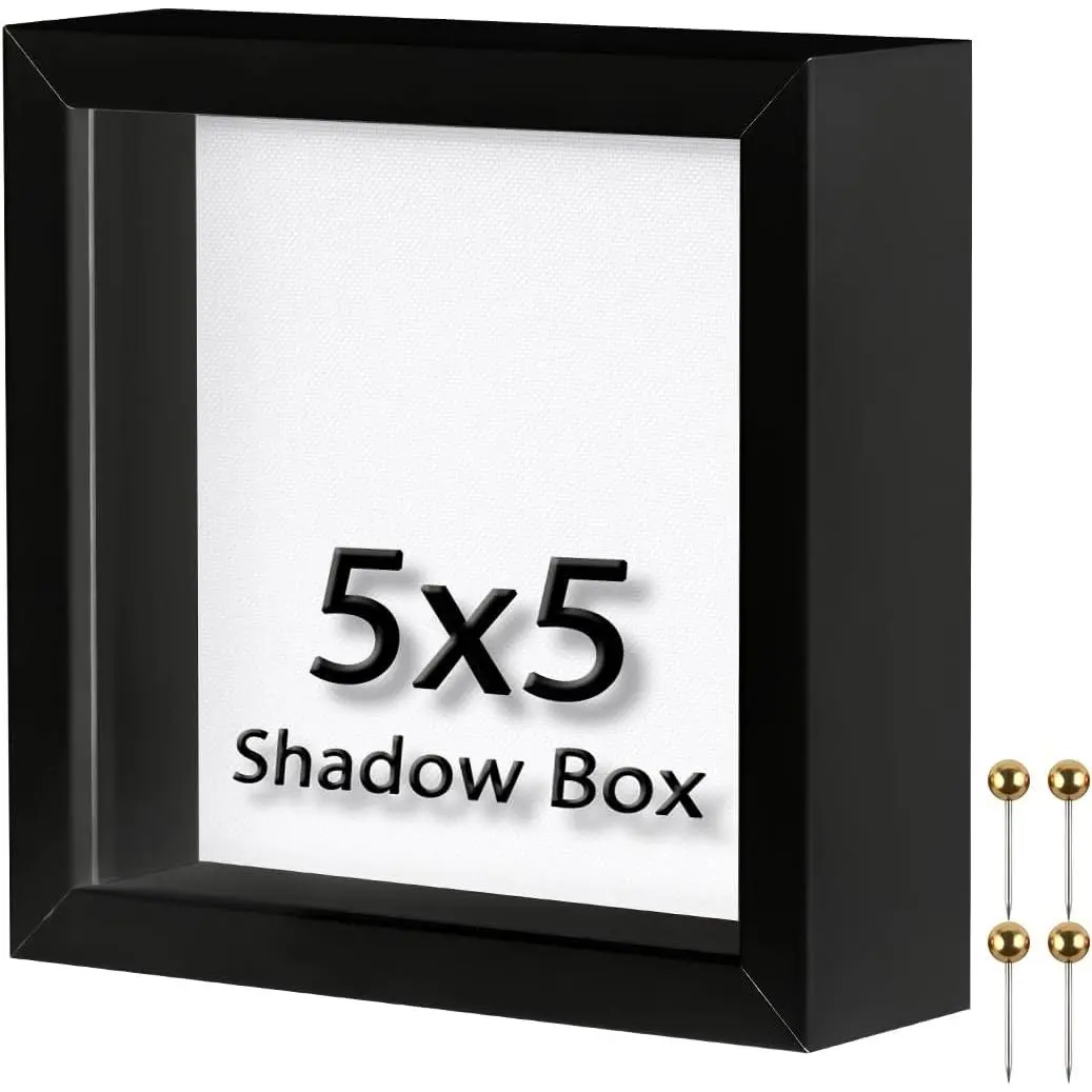 5x5 Small Shadow Box Frame | Soft Linen  & Push Pins Included, Polystyrene Glass Memory Display Case , Tickets & Cherished  Items, Black